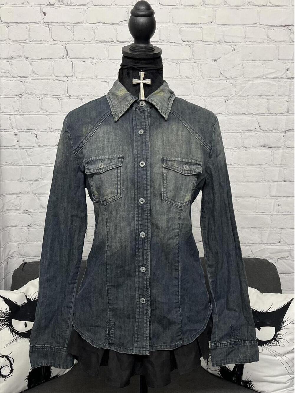 Y2K Oxygen Blue Distressed Denim Button Up Adjusted Fit Med Grunge Timeless